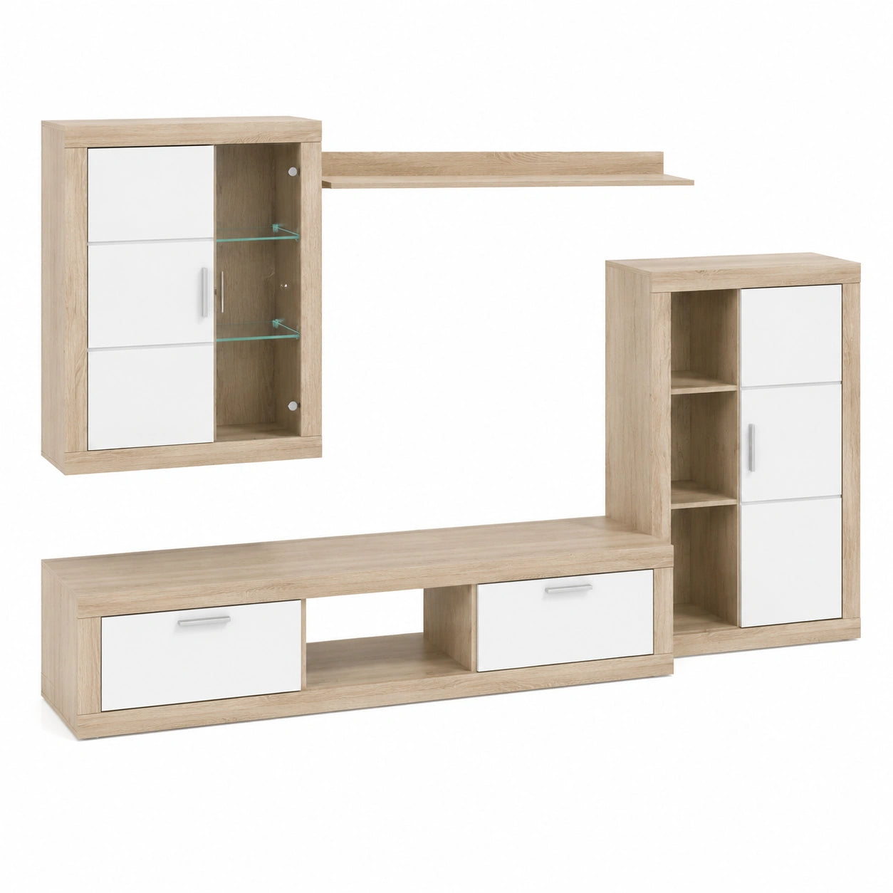 Conjunto de Muebles de Salón Moderno con Iluminación LED, Modelo Freim, Blanco y Cambria, 259x132.5x40 cm